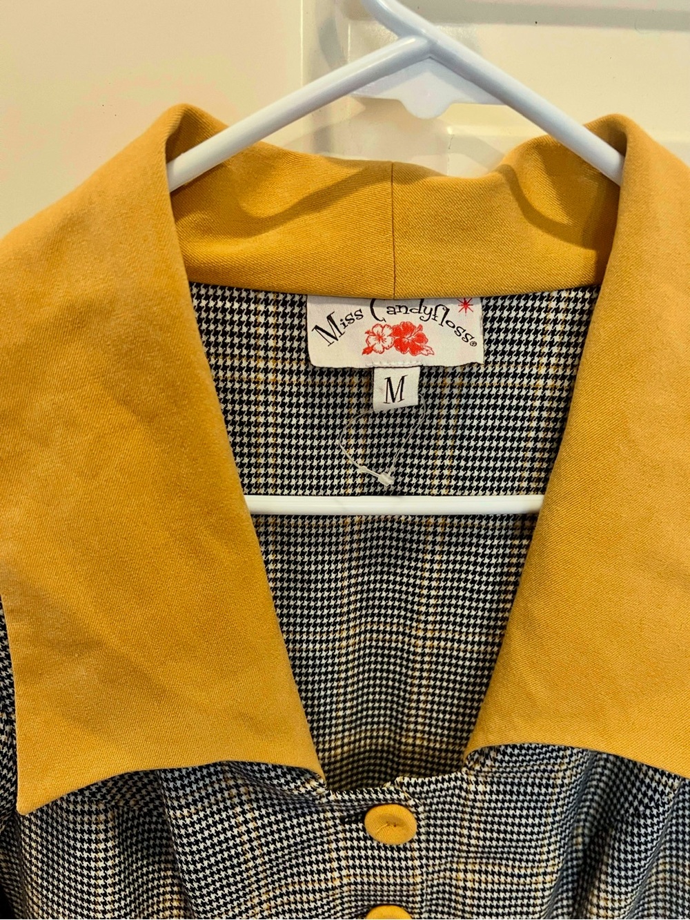 Miss Candyfloss Women's Houndstooth Dress with Mustard Collar